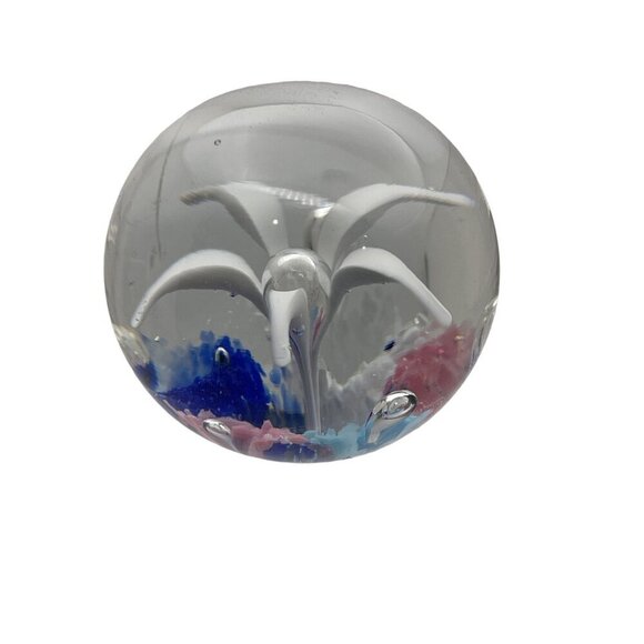 Hand-Blown Art Glass Paperweight With White Lily Flower & Colorful Base - Picture 4 of 8